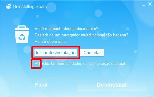 Exclua também os dados de configuração pessoal e depois clique em Iniciar desinstalação