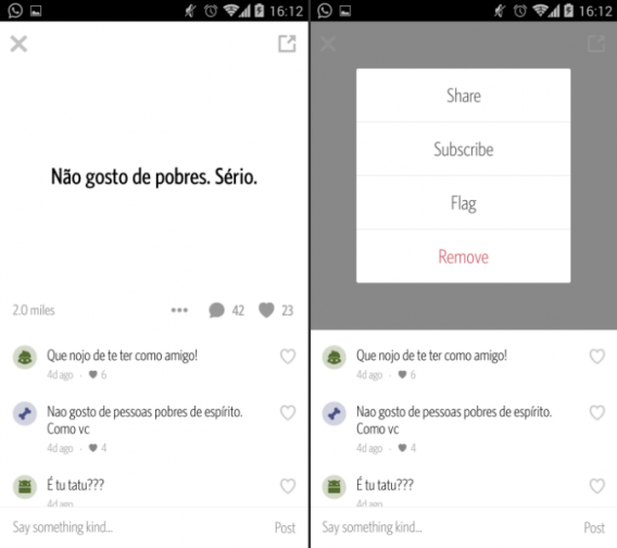O Secret tem a opção de denunciar mensagens impróprias