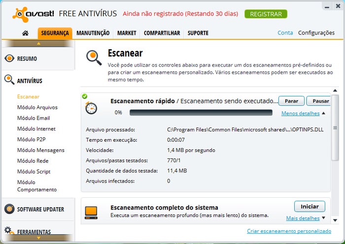 Interface do Avast! Free Antivírus