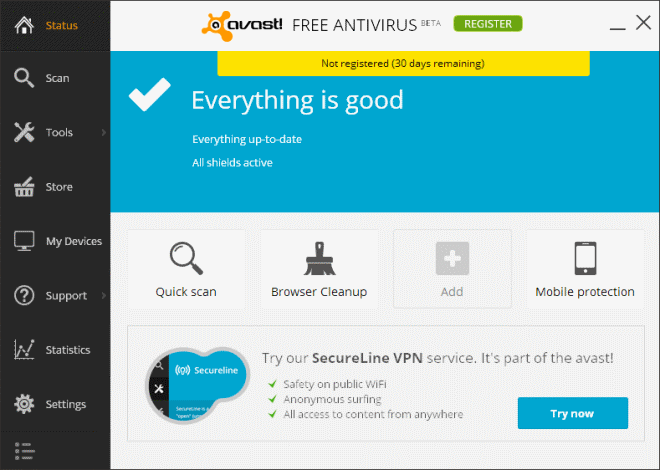 Interface avast! Free Antivirus