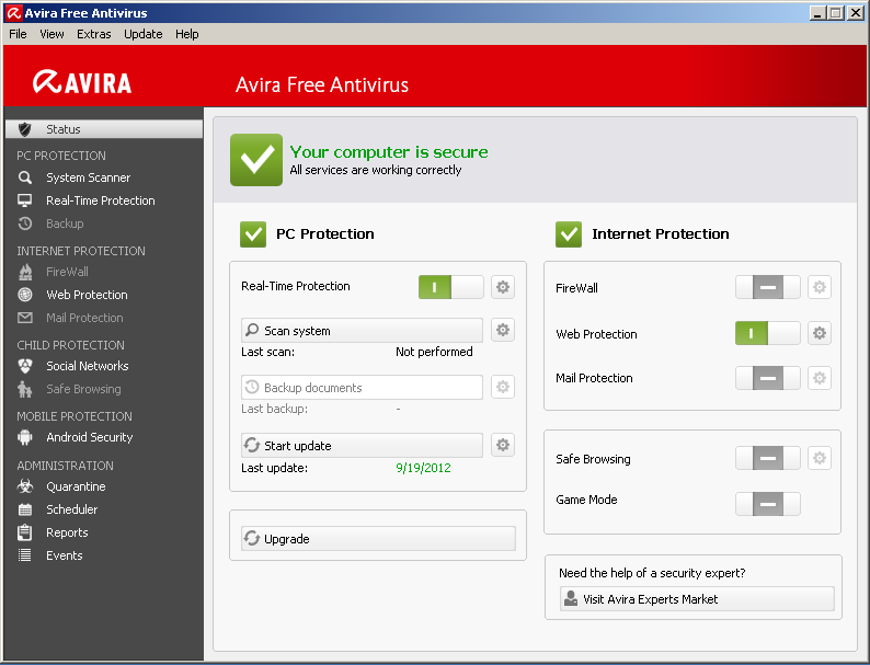 Interface do Avira Free Antivírus