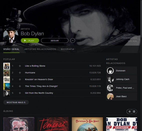 Interface geral do Spotify