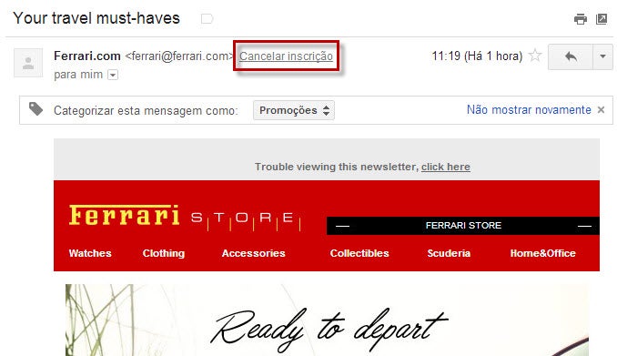 Link para cancelar inscrição de newsletter no Gmail