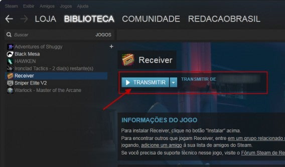 Botão de instalação muda para transmitir