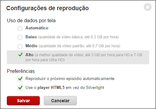 Escolha a opção "Alto" nas Configuracões de reprodução do Netflix