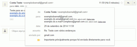 Mensagem do Gmail avisando que as mensagens são recebidas na mesma conta