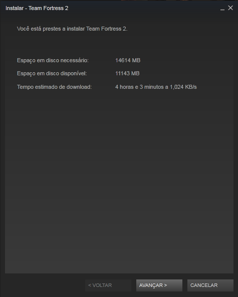 Processo de instalação de um game no Steam