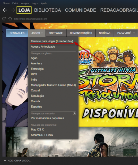 Entre na loja do Steam e clique em Gratuito para Jogar, na aba de jogos