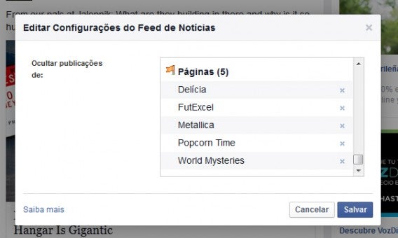 Listas de páginas escolhidas para não mostrarem novidades