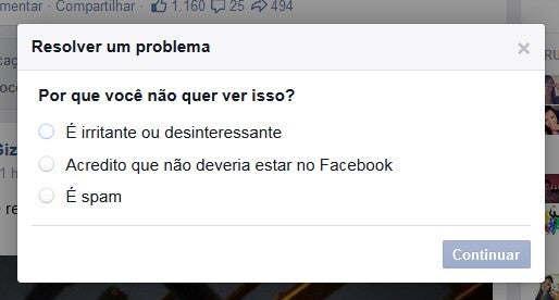 Motivos de exclusão de um post sugeridos pelo Facebook