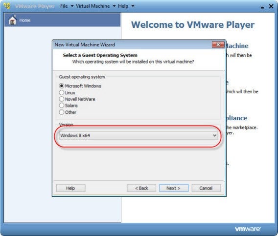 Windows 8 serve como referência para o VMware Player