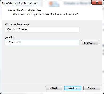 Dê um nome para a máquina virtual e defina onde serão gravados os arquivos