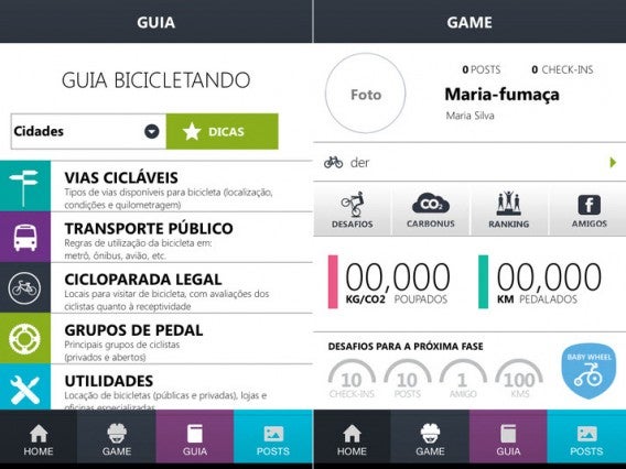 Interface do app Bicicletando
