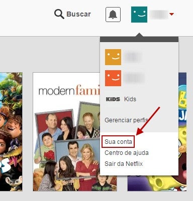 Posição do item Sua conta no menu da Netflix