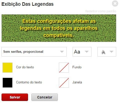 Opções de personalização das legendas