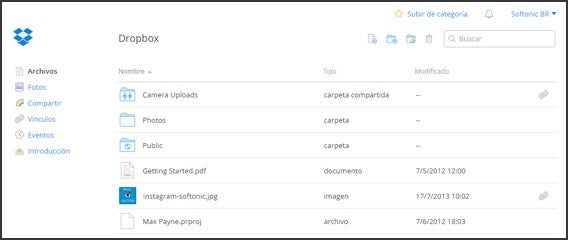 Interface do Dropbox online