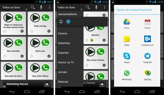 Telas do app Sons Engraçados Humor Brasil para Android