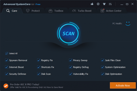 Tela principal do Advanced SystemCare 8