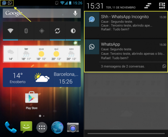 Com o Shh - Hide Double Blue Double Check aparecem duas notificações do WhatsApp