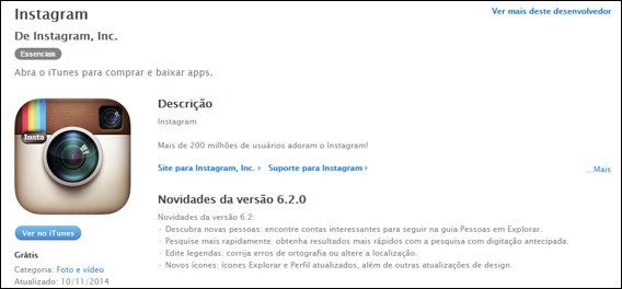 Página do Instagram no iTunes Appstore