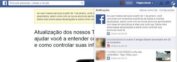 Mensagem no Facebook alerta para alteração nos termos de uso da rede social