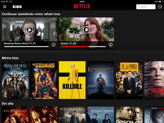 Tela principal da Netflix para iOS