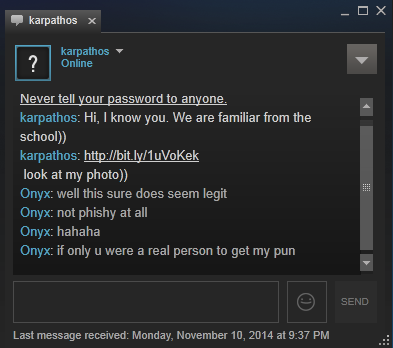 Exemplo de conversa suspeita no chat do Steam