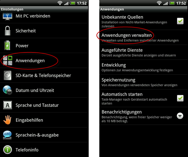 Anwendungen Verwalten bei Android