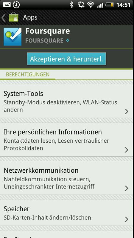 Berechtigungen bei der Foursquare App