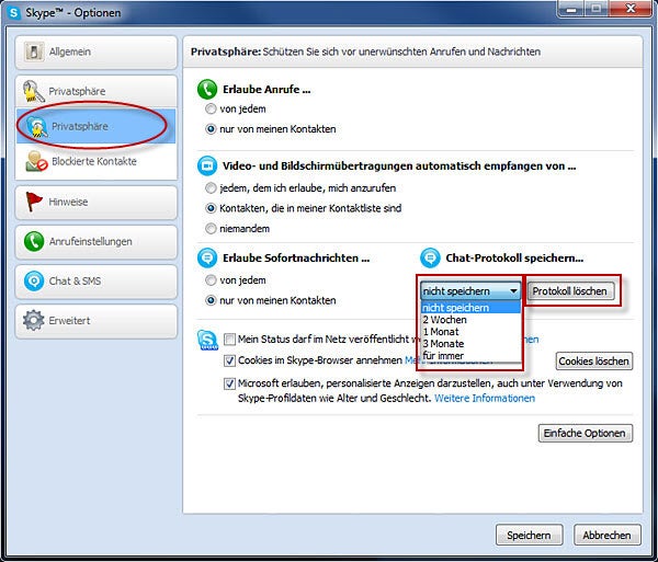 Skype Privatsphäre-Einstellungen