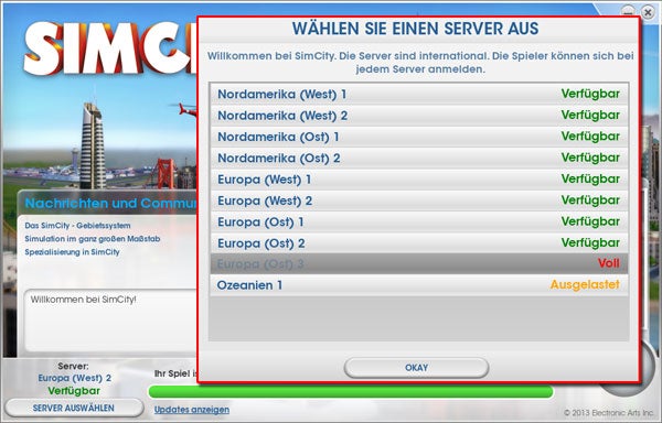 SimCity: Server wechseln