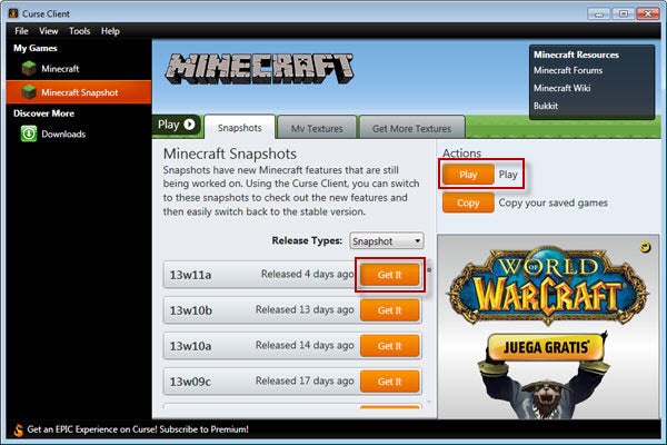 Minecraft Snapshot mit Curse Client installieren