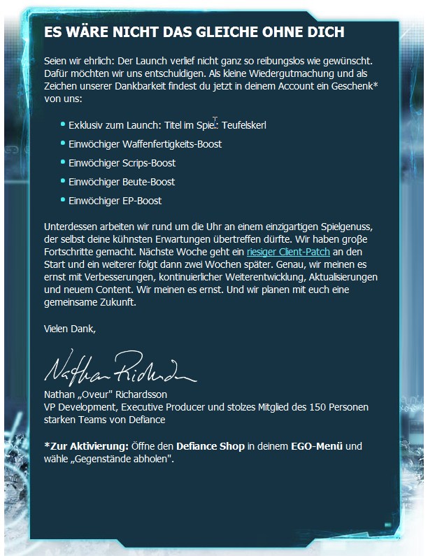 Defiance: Probleme, Hersteller entschuldigt sich