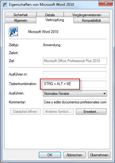 Tastaturkürzel eingeben