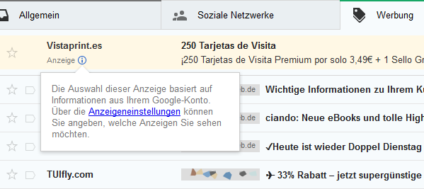 Google Mail GMail Werbung deaktiveren