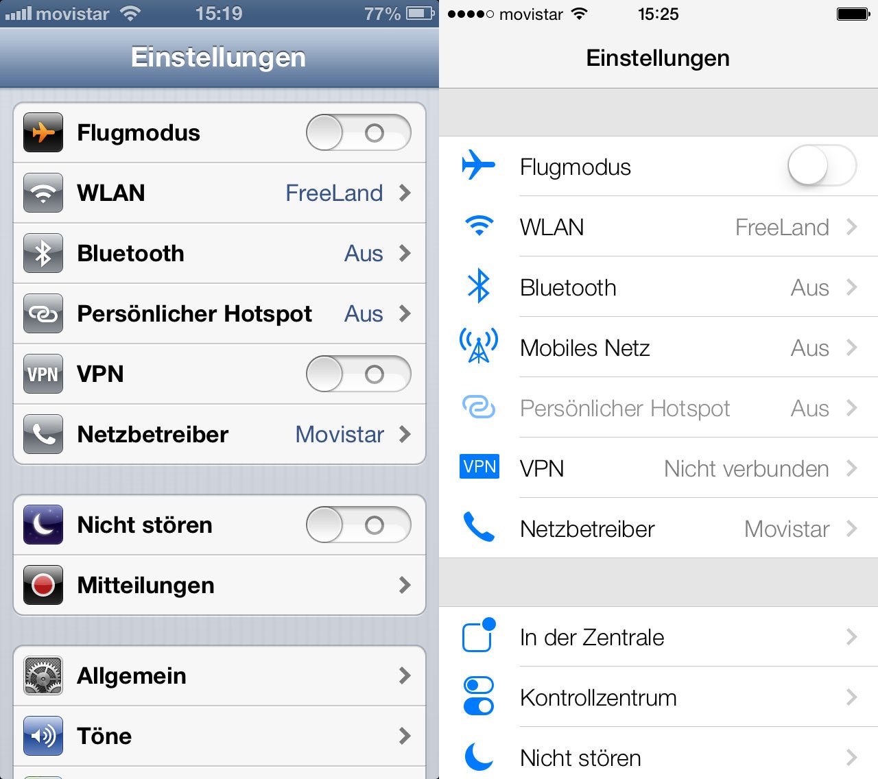 Vergleich des Einstellungen-Menü in iOS 6 und iOS 7