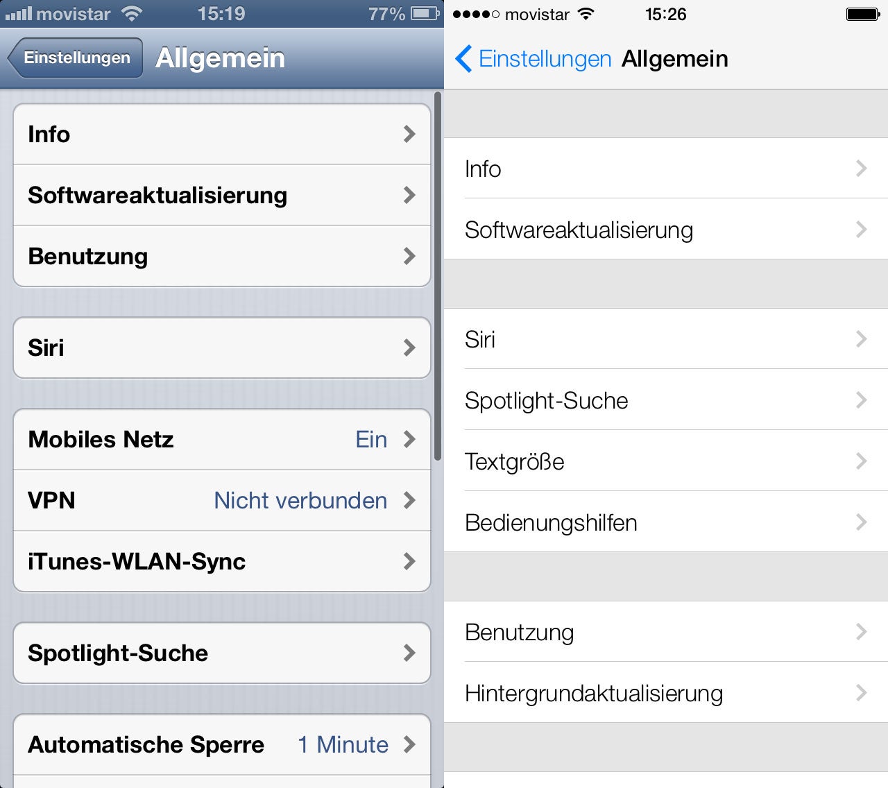 Vergleich des Einstellungen-Menü in iOS 6 und iOS 7