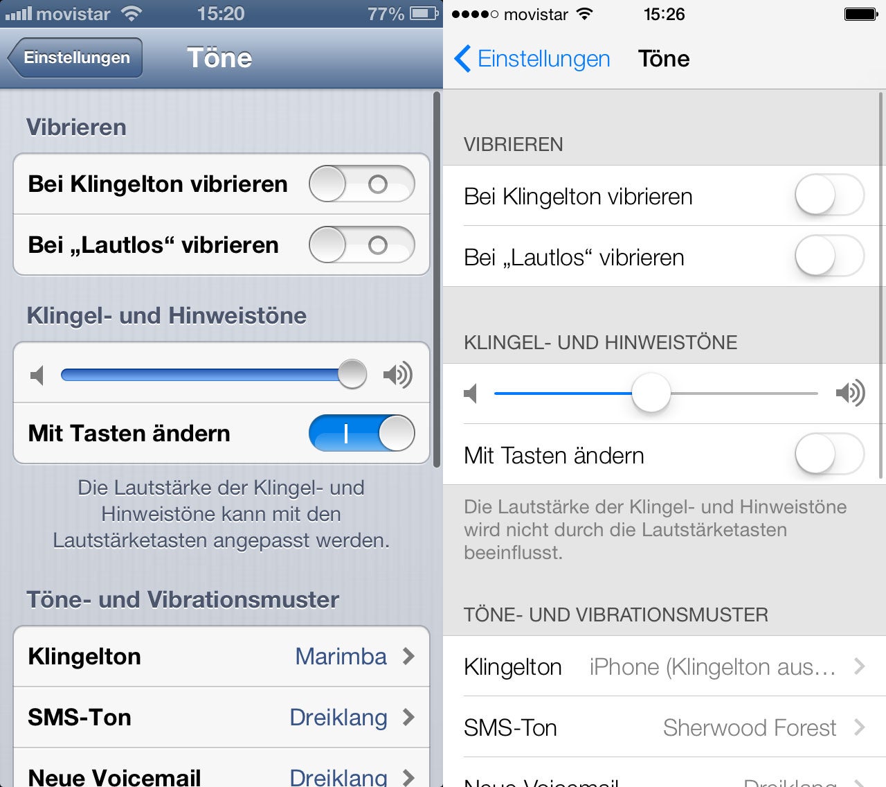 Vergleich des Einstellungen-Menü in iOS 6 und iOS 7
