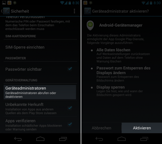 Android-Device-Manager-Aktivieren