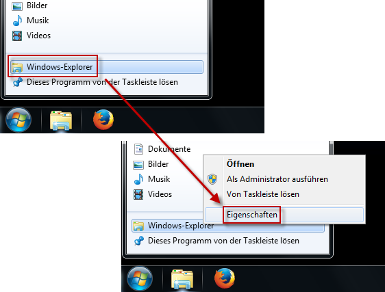 Eigenschaften Explorer öffnen