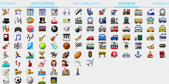 Alle Threema-Smileys im Screenshot - Aktivitäten und Verkehr