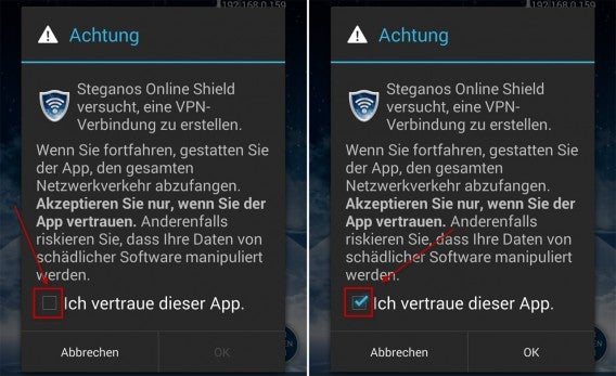 Steganos Online Shield VPN: Zum Aufbau der VPN-Verbindung muss man der App vertrauen.