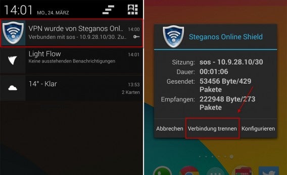 Steganos Online Shield VPN: Die Verbindung trennt man über die Statusbar.