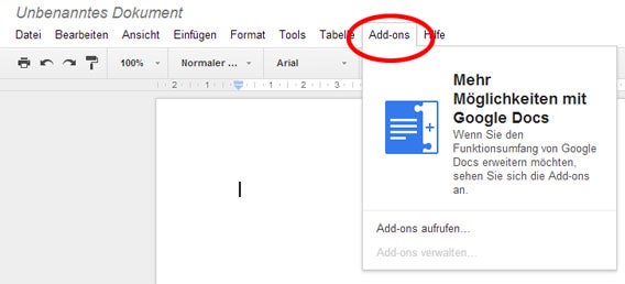 Google Drive Add-Ons-Menü