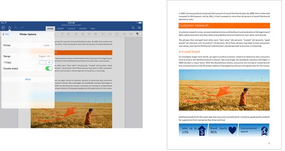 Microsoft Office für iPad Druck-Dialog