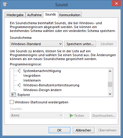 Menü Sounds in Windows 8
