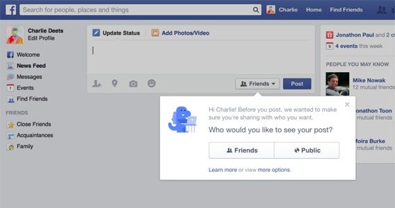 Facebook bietet einen Check der Privatsphäre-Einstellungen und ändert das Teilen von Inhalten
