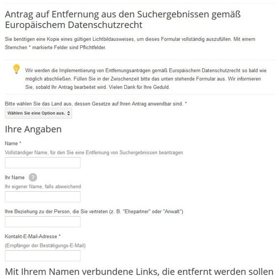Das Recht auf Vergessen: Google bietet Antragsformular zur Entfernung von Inhalten aus den Suchergebnissen