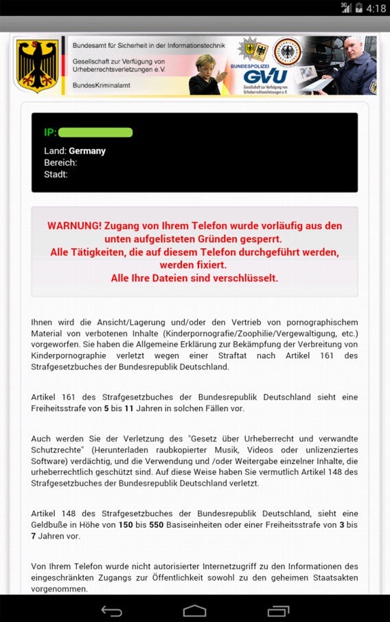 Koler.A Android Trojaner Schadsoftware Screenshot Koler.A Android Trojaner Schadsoftware Screenshot