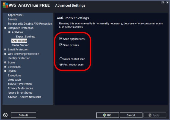 AVG settings - anti-rootkit AVG settings - anti-rootkit